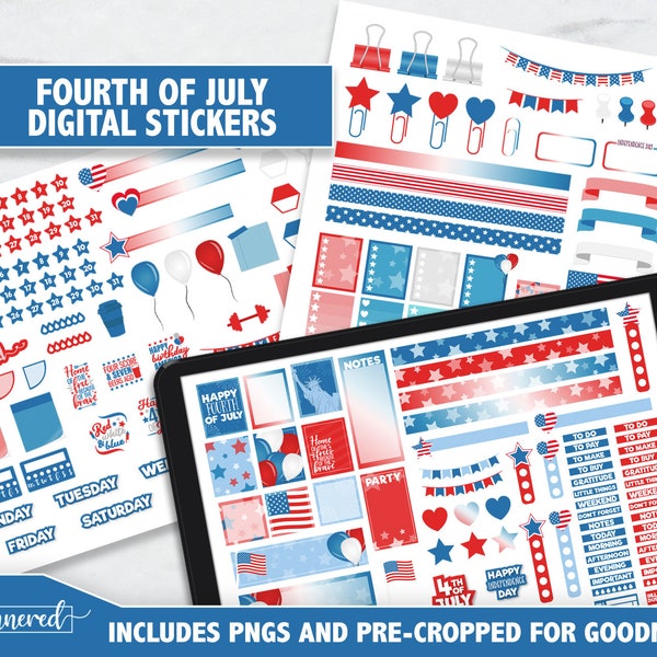 Fourth of July Digital Stickers, Independence Day Digital Goodnotes Stickers, 247 stickers for 4th July party, precropped goodnotes stickers