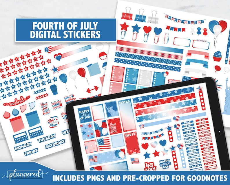 May include: Digital stickers for Goodnotes featuring a Fourth of July theme. The stickers include red, white, and blue stars, stripes, flags, and other patriotic designs. The stickers are pre-cropped for Goodnotes and include PNG files.