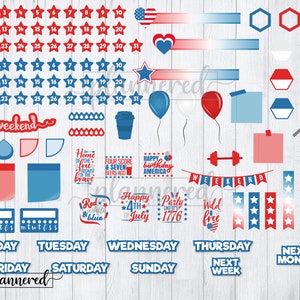 May include: A set of printable planner stickers with a red, white, and blue color scheme. The stickers feature stars, stripes, hearts, and other patriotic designs. The stickers also include text such as "weekend", "Monday", "Tuesday", "Wednesday", "Thursday", "Friday", "Saturday", "Sunday", "next week", and "next month".