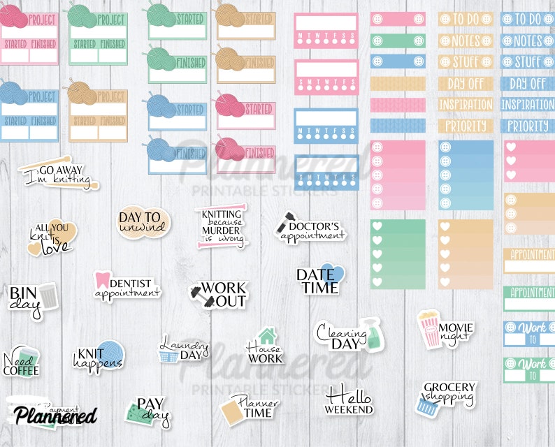 May include: A set of printable stickers featuring a variety of designs related to knitting, including yarn balls, needles, and phrases like "Knit Happens" and "Day to Unwind". The stickers are in pastel colors and have a whimsical, hand-drawn style.
