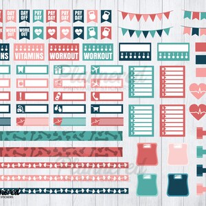 May include: A set of printable planner stickers featuring a variety of designs, including hearts, dumbbells, scales, and banners. The stickers are in shades of pink, blue, and green, and feature white text. The text includes "Day Off", "Pay Day", "Work Out", "Vitamins", and "Workout".