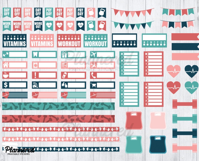 May include: A set of printable planner stickers featuring a variety of designs, including hearts, dumbbells, scales, and banners. The stickers are in shades of pink, blue, and green, and feature white text. The text includes "Day Off", "Pay Day", "Work Out", "Vitamins", and "Workout".