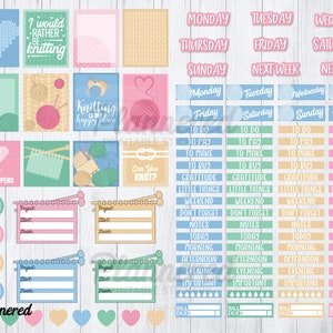 May include: A printable planner page with a knitting theme. The page includes a calendar, to-do lists, and project trackers. The design features a variety of knitting-related images, including yarn balls, needles, and a heart-shaped knitted pattern.
