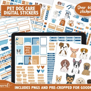 Dog Pet Care Digital Stickers, 600+ Dog care digital sticker set, Precropped goodnotes stickers for dogs, orange and blue dog ipad stickers