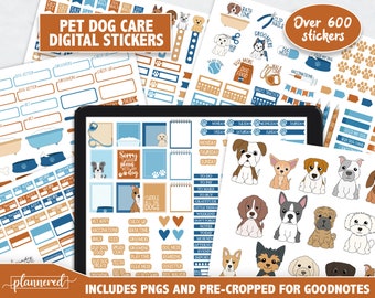 May include: A digital sticker set for dog owners featuring over 600 stickers with illustrations of dogs, paw prints, and dog-related activities. The stickers are in blue, brown, and white colors and are pre-cropped for Goodnotes.