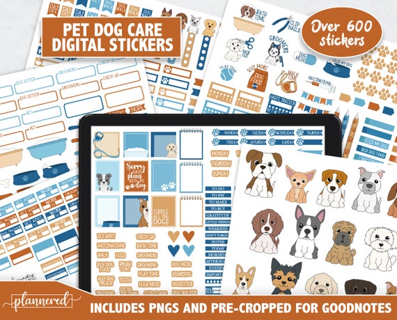 Dog Pet Care Digital Stickers, 600+ Dog care digital sticker set, Precropped goodnotes stickers for dogs, orange and blue dog ipad stickers