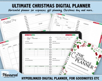 Puede incluir: Un planificador digital de Navidad con un esquema de color verde y rojo. El planificador incluye secciones para la planificación de regalos, la planificación de fiestas, las tradiciones y un calendario del día de Navidad. El planificador está hipervinculado y es compatible con Goodnotes y otras aplicaciones para tomar notas.