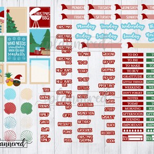 Puede incluir: Un conjunto de pegatinas de planificador de tem&aacute;tica navide&ntilde;a y veraniega de colores. Las pegatinas presentan varios dise&ntilde;os, incluyendo un &aacute;rbol de Navidad, un mu&ntilde;eco de nieve, una pi&ntilde;a, conchas marinas y una barbacoa. Las pegatinas son perfectas para a&ntilde;adir un toque festivo a tu planificador.