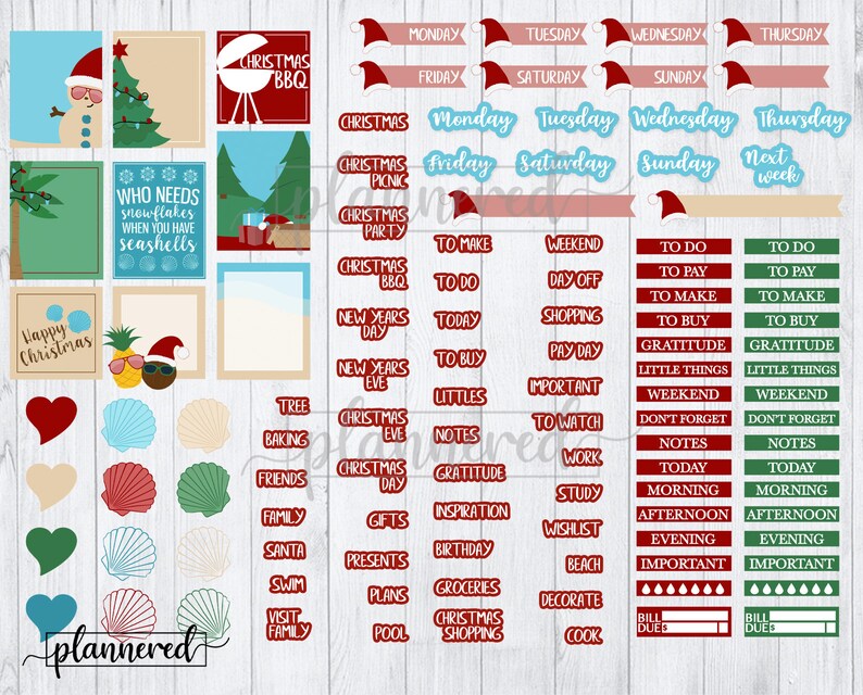 Puede incluir: Un conjunto de pegatinas de planificador de tem&aacute;tica navide&ntilde;a y veraniega de colores. Las pegatinas presentan varios dise&ntilde;os, incluyendo un &aacute;rbol de Navidad, un mu&ntilde;eco de nieve, una pi&ntilde;a, conchas marinas y una barbacoa. Las pegatinas son perfectas para a&ntilde;adir un toque festivo a tu planificador.