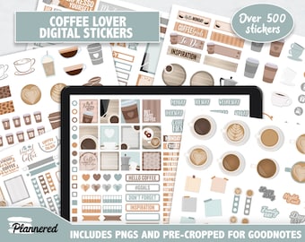 Coffee Digital Stickers, 500+ Coffee lover digital sticker set, Precropped goodnotes stickers for coffee addicts, goodnote digital stickers