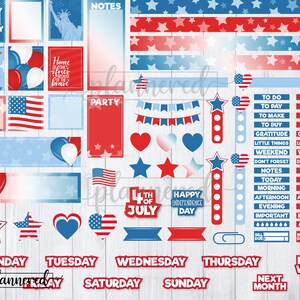 May include: A digital planner page with red, white, and blue stars, stripes, and hearts. The page includes a calendar, to-do list, and notes sections. The text "Happy Fourth of July" and "4th of July" are included.