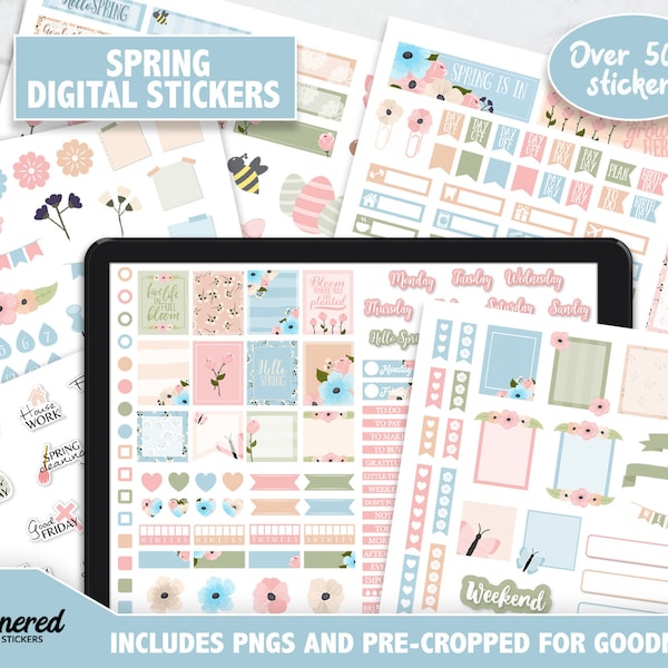 Spring Digital Stickers, 500+ digital floral spring sticker set, Precropped goodnotes stickers for spring time, digital flower spring pngs