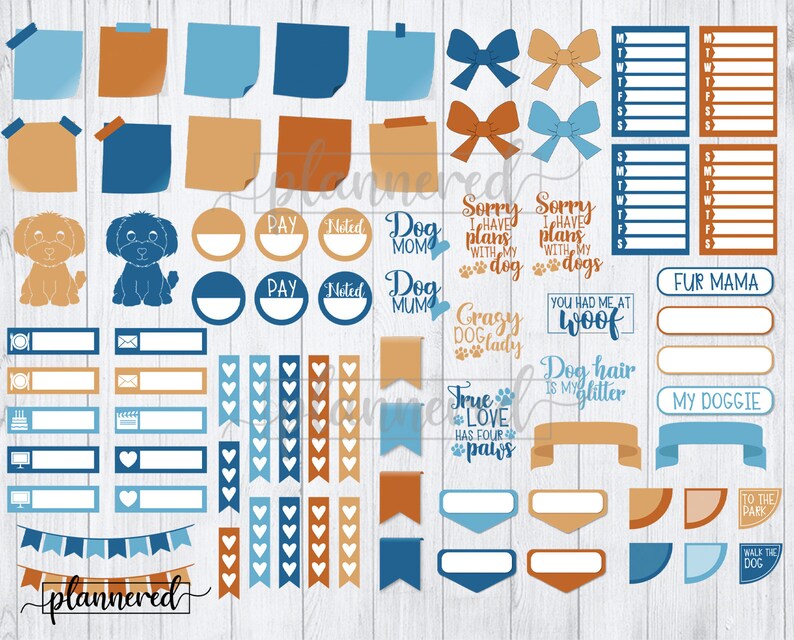 Puede incluir: Un conjunto de pegatinas imprimibles para planificadores con tem&aacute;tica de perros. Las pegatinas son de color azul, naranja y blanco con varias frases e im&aacute;genes relacionadas con los perros. Las pegatinas incluyen "Dog Mom", "Dog Mum", "Crazy Dog Lady", "You Had Me at Woof", "Dog Hair is My Glitter", "True Love Has Four Paws", "To the Park", "Walk the Dog", "Fur Mama", "My Doggie", "Pay", "Noted", "Sorry I Have Plans with My Dog", "Sorry I Have Plans with My Dogs", y "Plannered".