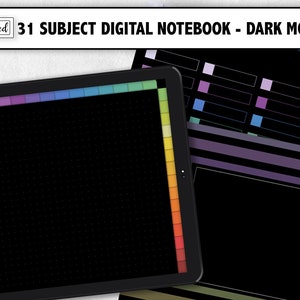 Dark Mode 31 Subject Digital Notebook, Dark Mode Landscape Digital Notebook for goodnotes, Hyperlink notebook tabs, Dark mode dot notebook