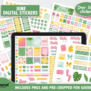 Puede incluir: Un conjunto de pegatinas digitales para planificador para junio con más de 500 pegatinas. Las pegatinas son de varios colores y diseños, incluyendo sandía, hojas de palma y sol. Las pegatinas están precortadas para Goodnotes.  Incluye PNG y precortadas para Goodnotes.