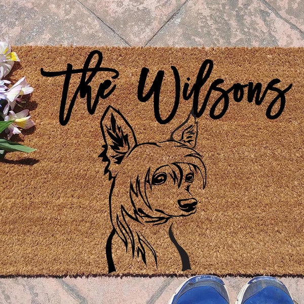 Chinese Crested dog personalised door mat, coir doormat, housewarming gift, last name doormat, closing gift, wedding gift, Welcome mat