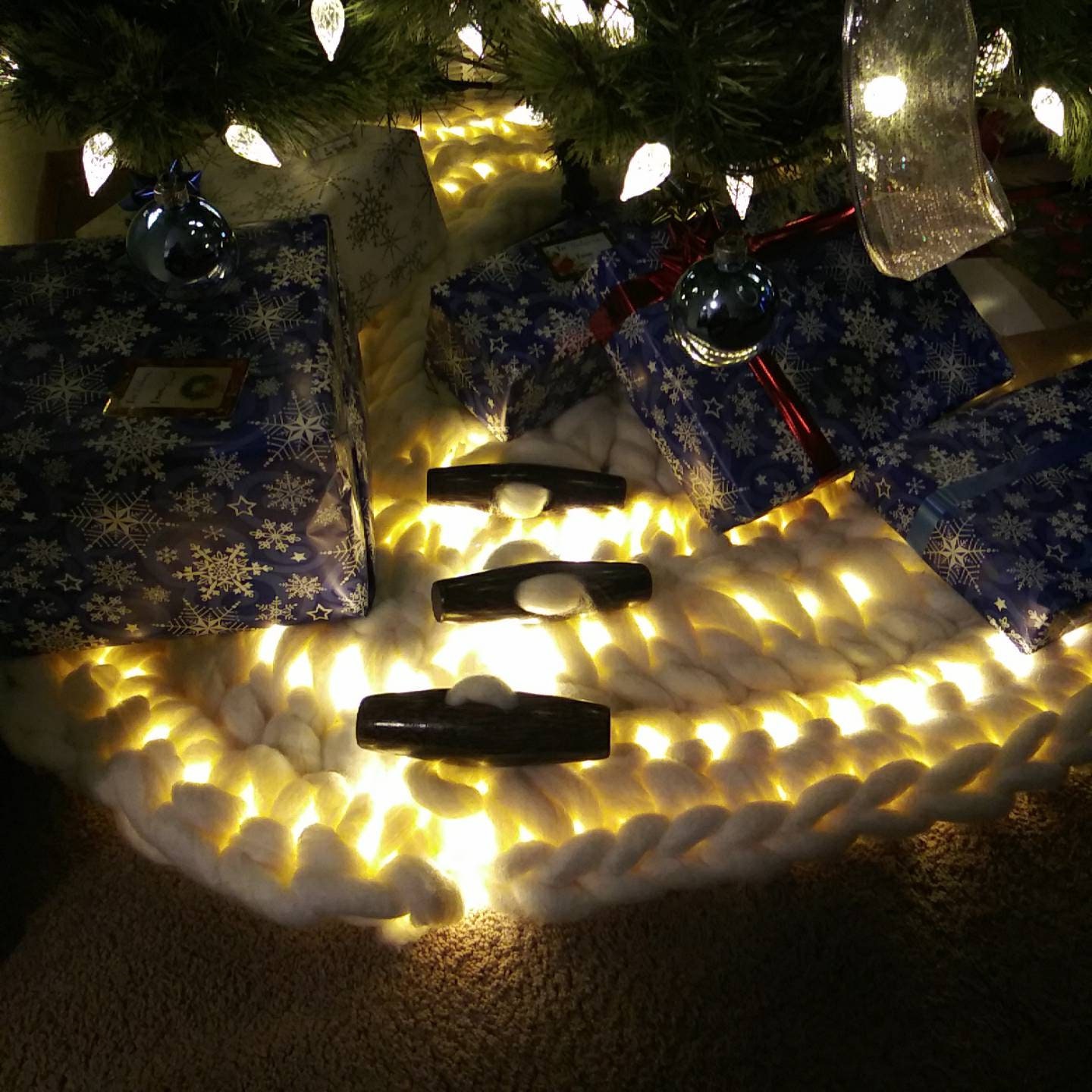 Christmas tree skirt lit with LED lights giant arm knit yarn Etsy