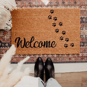 Welcome with paw prints door mat coir doormat, housewarming gift, wedding gift, funny doormat