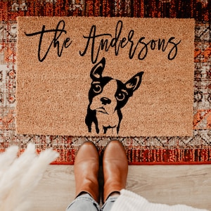 Boston Terrier dog personalised door mat, coir doormat, housewarming gift, last name doormat, closing gift, wedding gift, Welcome mat