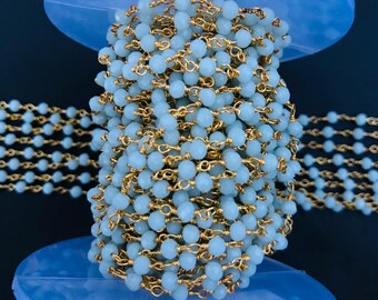 Gold Plated Rosary Chain, 3mm Aquamarine Hydro Rondelle Beads By Foot