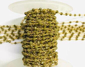Green Agate Rondelle Rosary Chain, 3mm Gold Plated Faceted Beads