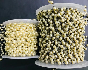 White Pearl Rosary Chain, Silver/Black Plated, Jewelry Making (4mm)