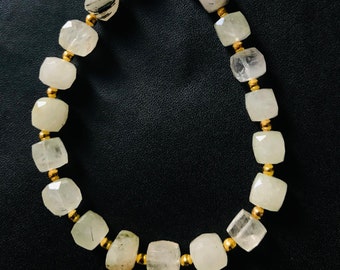 Black Rutile Quartz Beads – Faceted Cube Gemstone, 8 Inch Strand