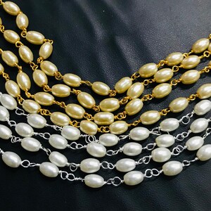 Natural White Pearl smooth Gold/Silver Plated Chain , Beautiful White Fresh Water Pearl Beaded Rosary Chain For Women Jewelry Making