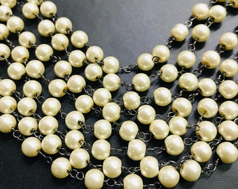 White Pearl Rosary Chain, Black Wire Wrapped Beads (6mm)