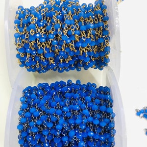 3mm blaue Chalcedon-Hydro-Perlen-Rosenkranzkette, blauer Chalcedon-Rosenkranz mit Draht umwickelt, facettierte Rondelle-Rosenkranzperlen, Edelstein-Rosenkranzperlen