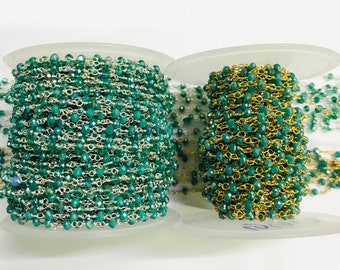 Green Agate Hydro Rosary Chain, Gold/Silver Plated, 3mm Faceted Rondelle Beads