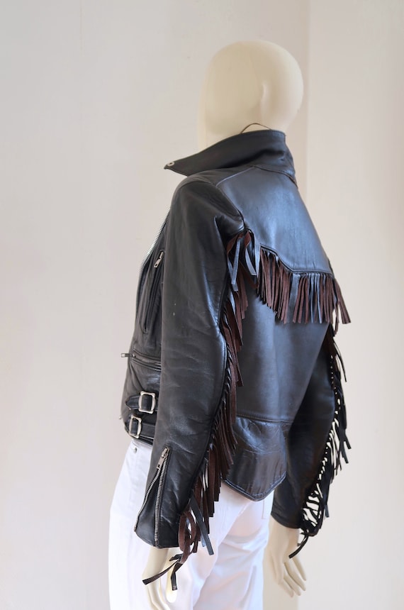 vintage fringed leather biker jacket/ 70s