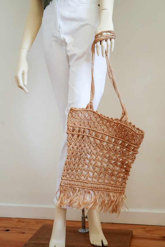 vintage straw macrame beach fringed summer bag/ 7… - image 4