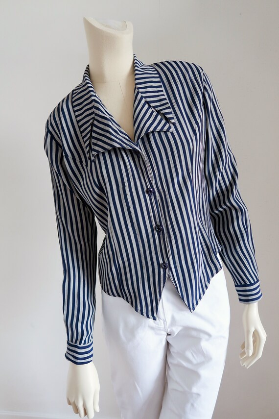 Vintage striped shoulder pads blouse pointy notched collar/ Etsy