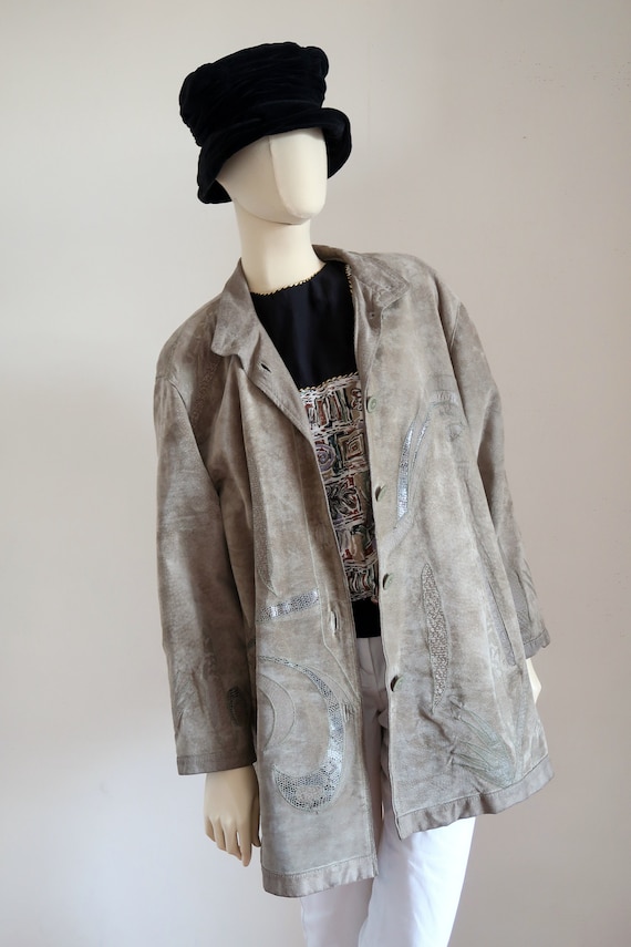 vintage sage suede patchwork coat/ 80s