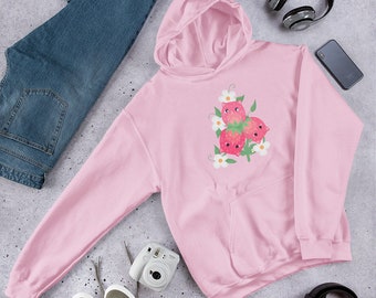 Erdbeerkatze Hoodie, Kawaii Katze Kapuzen-Sweatshirt, Erdbeerkatze Druck Hoodies, Erdbeerkatze Merchandise, Kawaii Katzenbekleidung