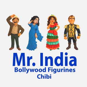 May include: Four colorful chibi figurines of characters from the movie "Mr. India." The figurines include a man in a brown jacket and hat, a woman in a blue dress, a woman in a layered red and green dress, and a man in a military uniform. The text "Mr. India" and "Bollywood Figurines Chibi" are below the figurines.