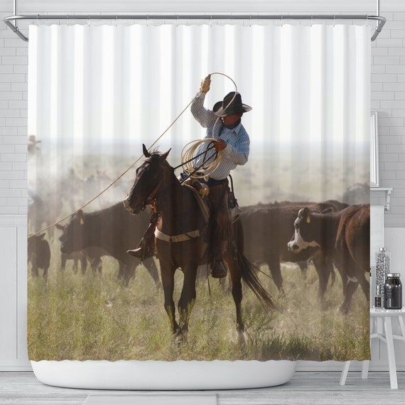 A Big Day Roping Cattle Cowboy Shower Curtain A Big Day Roping Cattle Cowboy Shower, Cowboy Shower Curtain