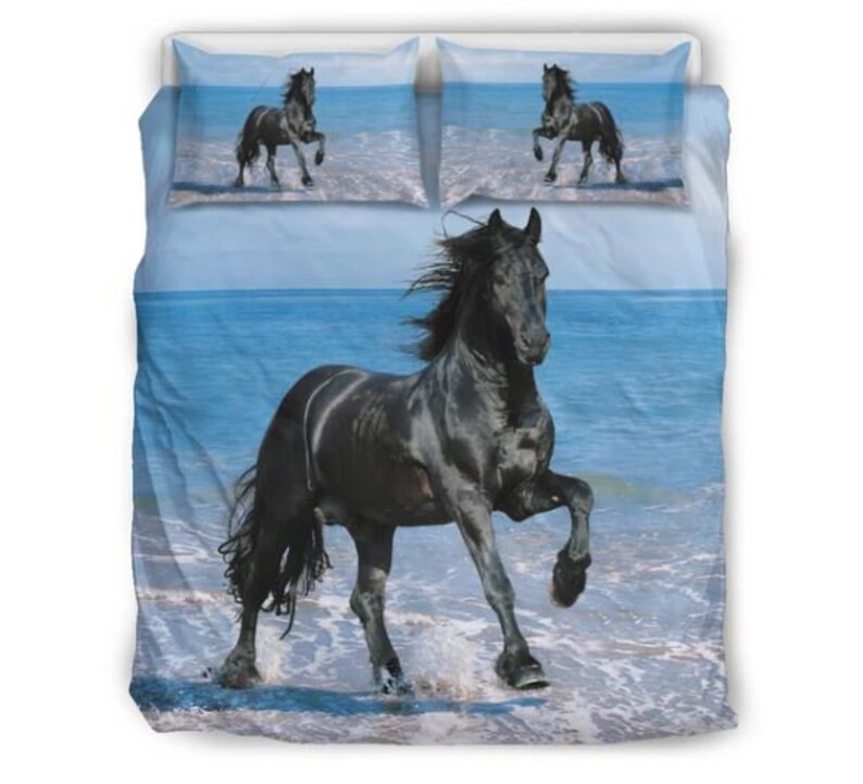 Black Stallion on Beach Horse Bedding Blue and Black Luxury Etsy