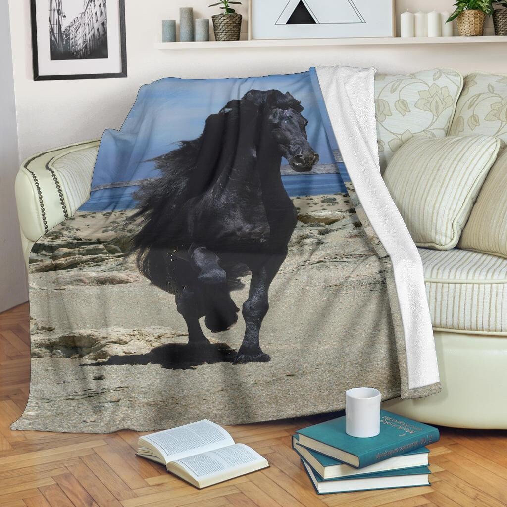 Black Friesian Horse on Beach Fleece Blanket Blue Etsy Australia