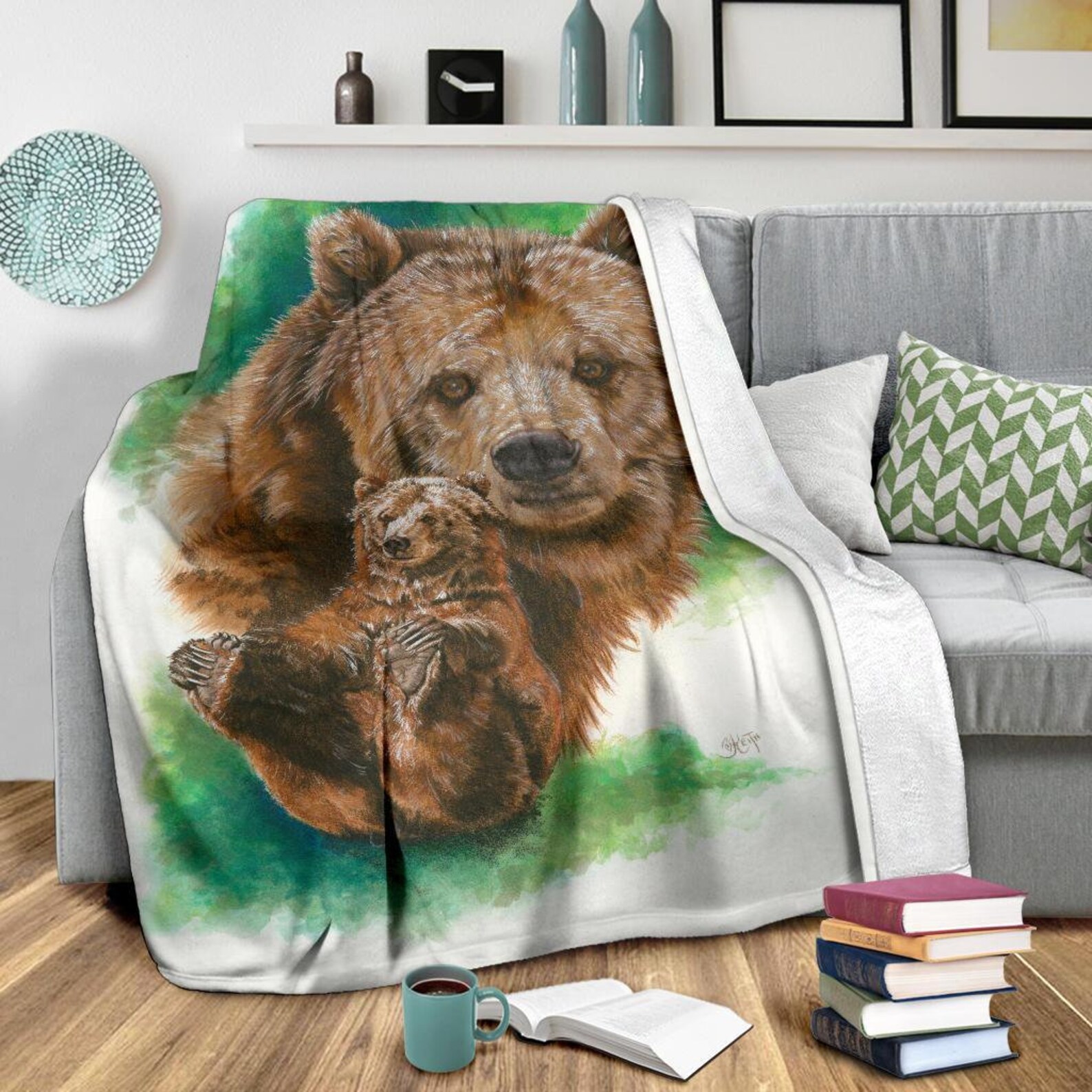 Grizzly Bear Fleece Blanket Brown Bear on White and Green TV Etsy