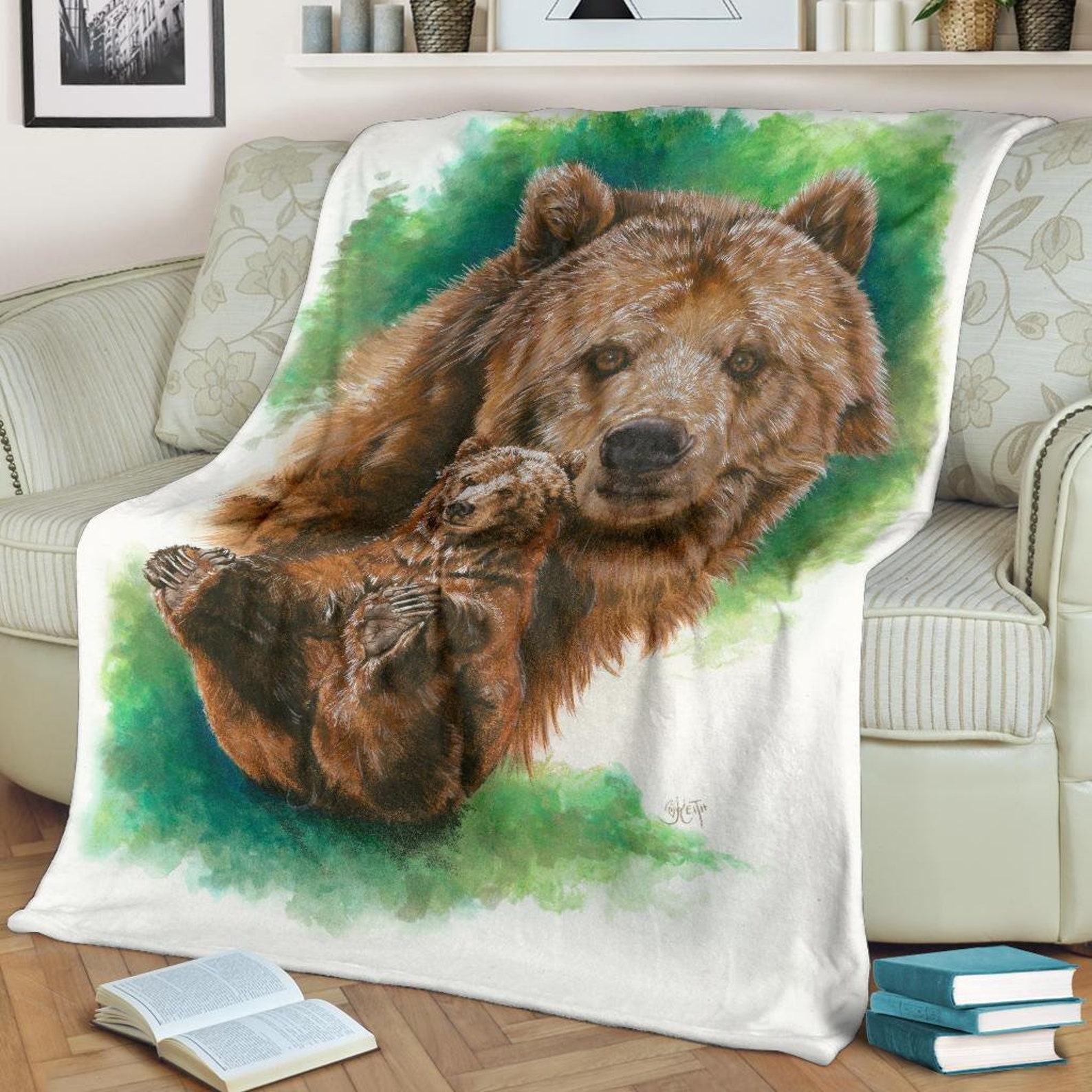 Grizzly Bear Fleece Blanket Brown Bear on White and Green TV Etsy