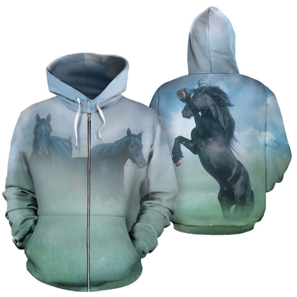 Friesian in the Mist ZipUp Horse Hoodie Hooded Sweatshirt Etsy