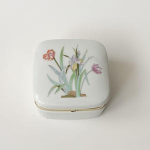 Vintage Porcelain Trinket Box w/ Floral Iris Design & Gold Hinged Lid, Eaton Collection Japan