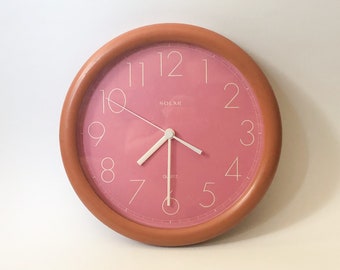 Vtg Pink Wall Clock w/ White Dial & Hands, Two-Tone Pink Round “Solar” Brand Quartz Battery Powered Clock