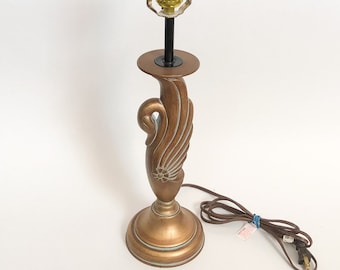 Vtg Art Deco Style Swan Lamp, Gold Swan Table Lamp, Wood