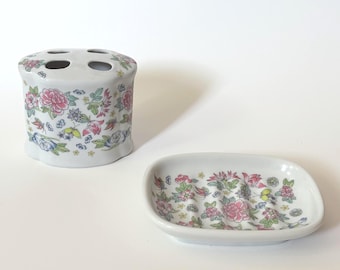 Vtg Bathroom Accessory Set Cottagecore Floral Chintz Ceramic Soap Dish & Toothbrush Holder 2pc Set