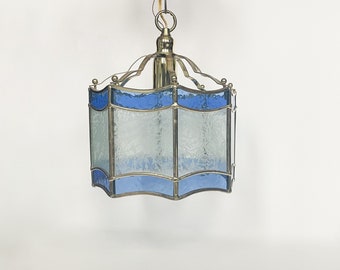 Lampe à suspension en verre VTG bleu lanterne de plafond suspendu octogonale en vitrail bleu avec verre texturé travail lampe vintage