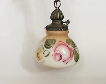Vtg Floral Pendant Light Milk Glass w/ Brass Finial & Hand Painted Flower Design on One Side