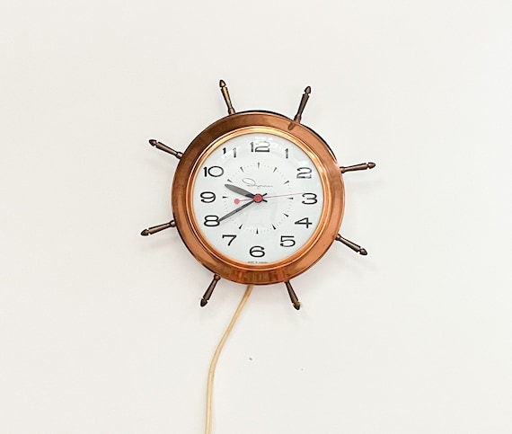 Vtg Copper Ship Wheel Clock by Ingraham Midcentury Electric Copper Wall  Clock Nautical Themed 